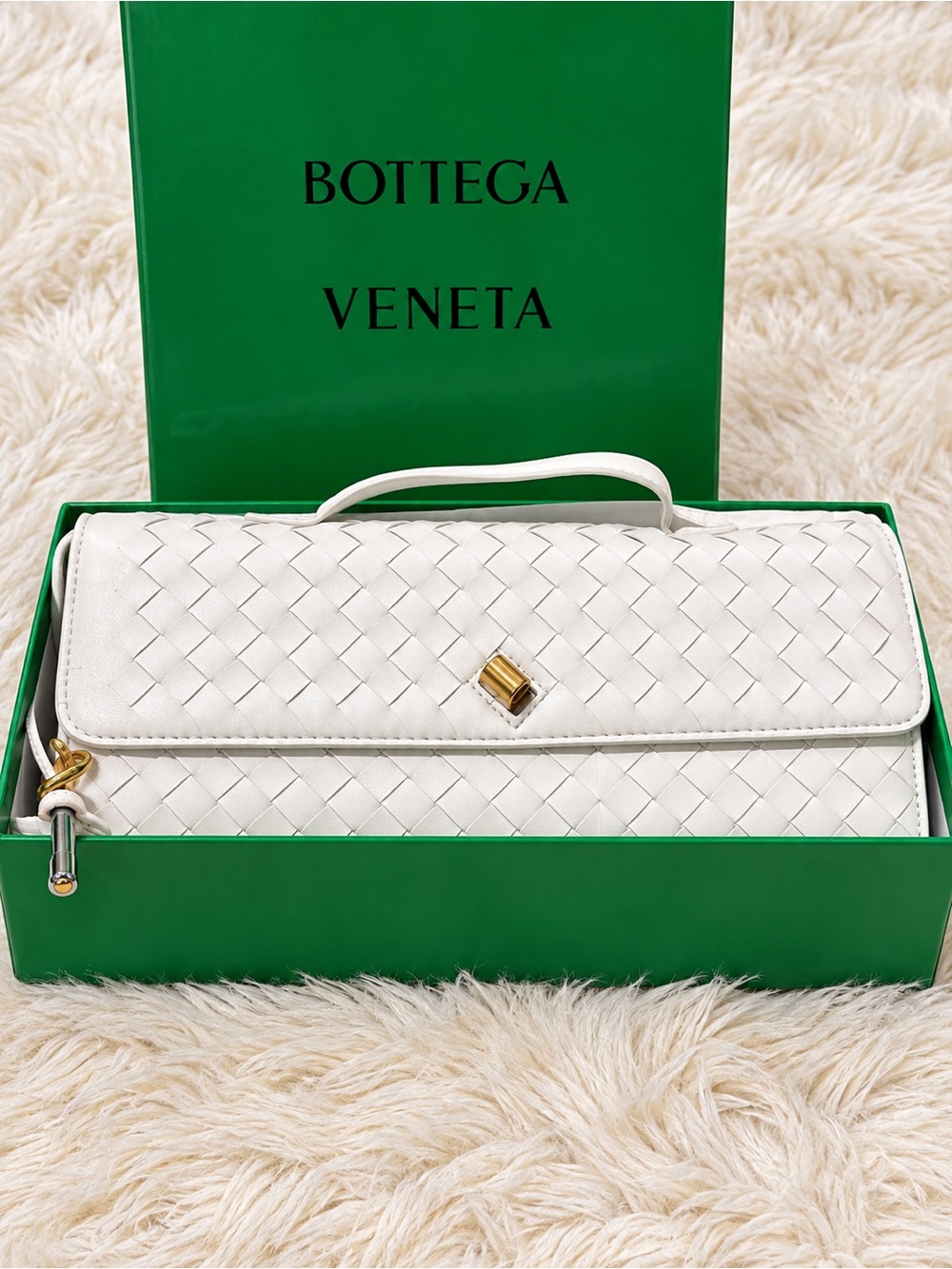 Bottega Veneta White Intrecciato Leather Clutch with Top Handle